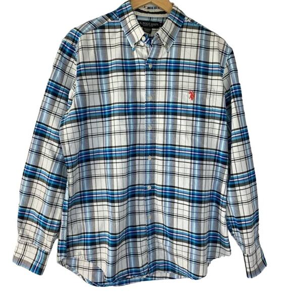 US Polo Assn Shirt Men Size L Blue Gray Tartan Plaid Button Down Long Sleeve - Picture 3 of 11
